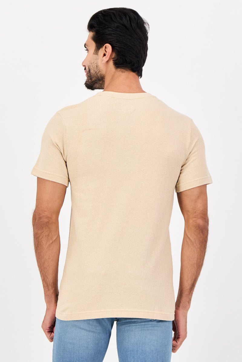Threadbare Men Crew Neck Short Sleeve Textured T-shirt, Beige - Image 2